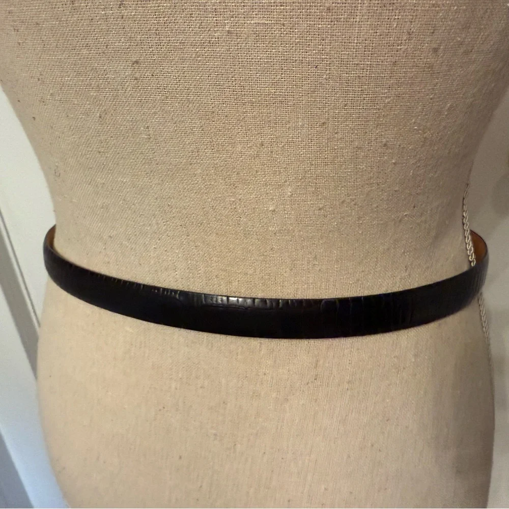 LAUREN RALPH LAUREN LRL BELT BLACK LEATHER CROC LOOK SILVER TONE BUCKLE SKINNY S